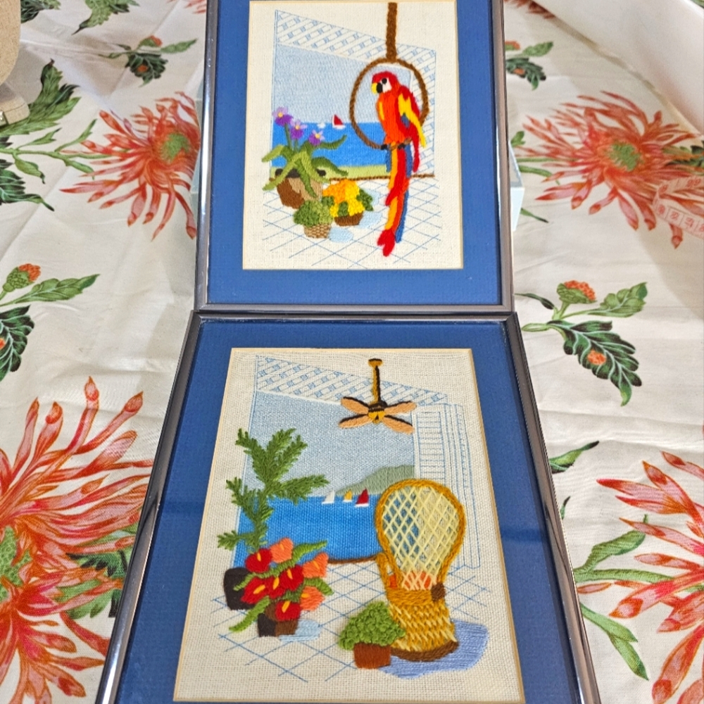 Vintage Colorful Parrot and Tropical Scene Needlepoint Art